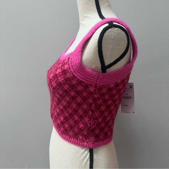Zara checked knit crop top burgundy pink size medium - Picture 3 of 9